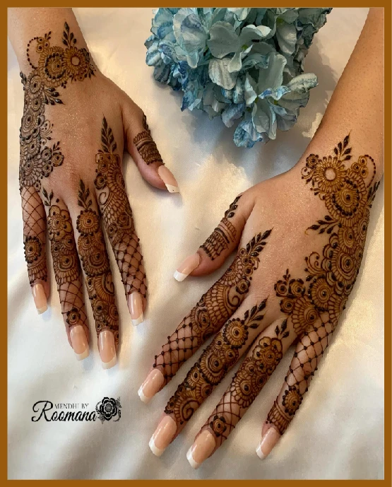 Aesthetic Back Hand Mehndi With Finger Cuff Details